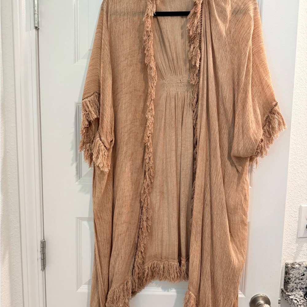 Free People Fringed Tan Kimono Cardigan